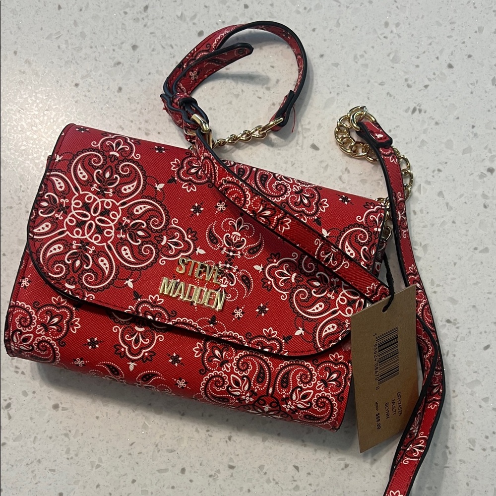Steve Madden Red Paisley Crossbody Bag with Gold Accents